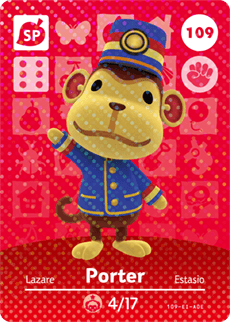 Nintendo amiibo-kaart Animal Crossing Porter nummer 109 serie 2, voorkant met aap in blauw stationsuniform, tweedehands