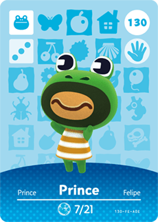 Nintendo amiibo-kaart Animal Crossing Prince nummer 130 serie 2, voorkant met groene kikker in gestreept shirt, tweedehands
