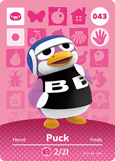 Nintendo amiibo kaart Animal Crossing Series 1 nr 043 Puck, roze kaart met pinguïn Puck in zwart BB-shirt