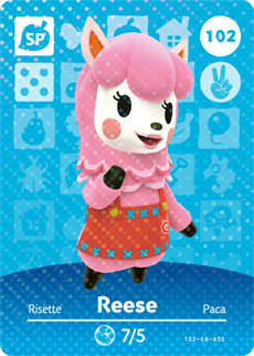 Nintendo amiibo kaart Reese 102, serie 2, roze alpaca in rode jurk op blauwe kaart, voorkant, tweedehands