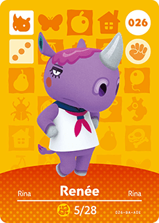 Nintendo amiibo kaart Animal Crossing Series 1 nr 026 Renée, oranje kaart met neushoorn Renée in witte jurk