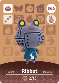 Nintendo amiibo kaart Animal Crossing Series 4 nr 366 Ribbot, bruine kaart met grijze robotkikker Ribbot in blauw shirt