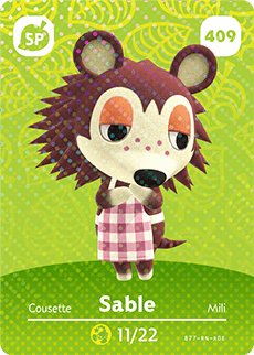 Nintendo amiibo kaart Animal Crossing Series 5 nr 409 Sable, groene SP-kaart met egel Sable in roze geruit schort