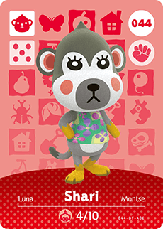 Nintendo amiibo-kaart Animal Crossing Shari nummer 044 serie 1, voorkant met grijs aapje in bloemenshirt, tweedehands