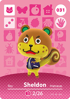 Nintendo amiibo kaart Animal Crossing Series 1 nr 031 Sheldon, roze kaart met eekhoorn Sheldon