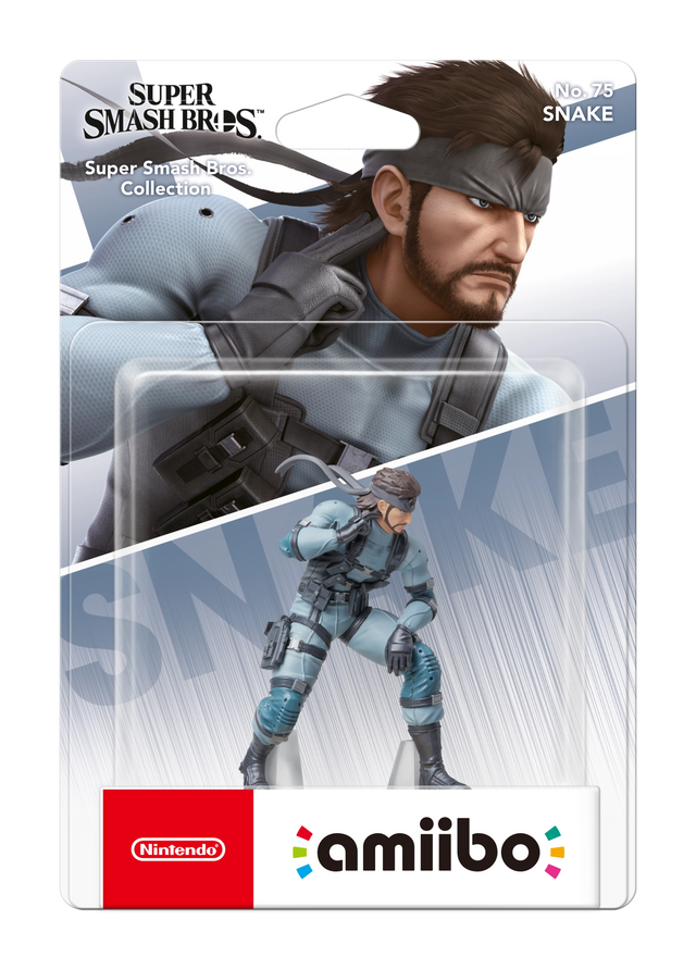Nintendo amiibo Snake nr. 75 Super Smash Bros. series, Snake in grijs gevechtspak met hoofdband in blister, voorkant