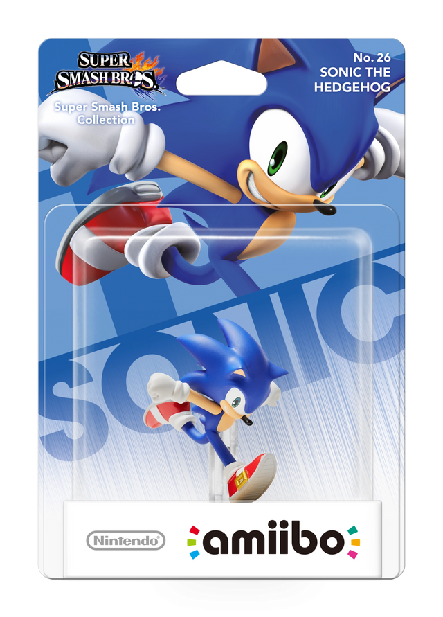 Nintendo amiibo Sonic nr. 26 Super Smash Bros. series, rennende blauwe Sonic in blisterverpakking, voorkant