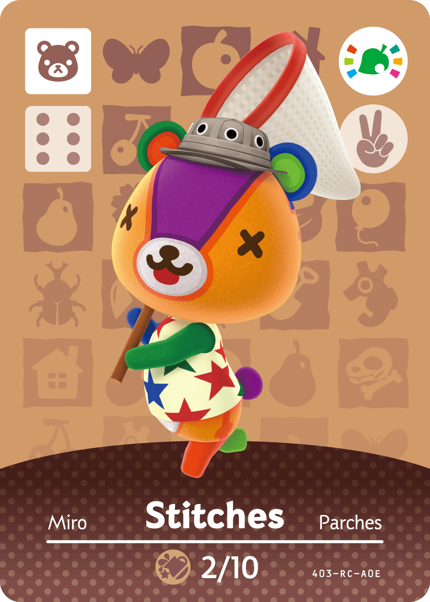 Nintendo amiibo-kaart Animal Crossing Stitches Festival promo, voorkant met lappenbeertje met vlindernet, tweedehands