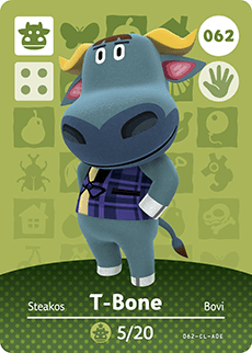 Nintendo amiibo kaart T-Bone 062, serie 1, stier in paars geruit overhemd op groene kaart, voorkant, tweedehands