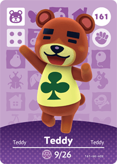 Nintendo amiibo kaart Animal Crossing Series 2 nr 161 Teddy, paarse kaart met beer Teddy in geel klavershirt