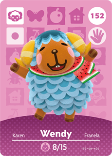 Nintendo amiibo-kaart Animal Crossing Wendy nummer 152 serie 2, voorkant met schaap met watermeloen, tweedehands