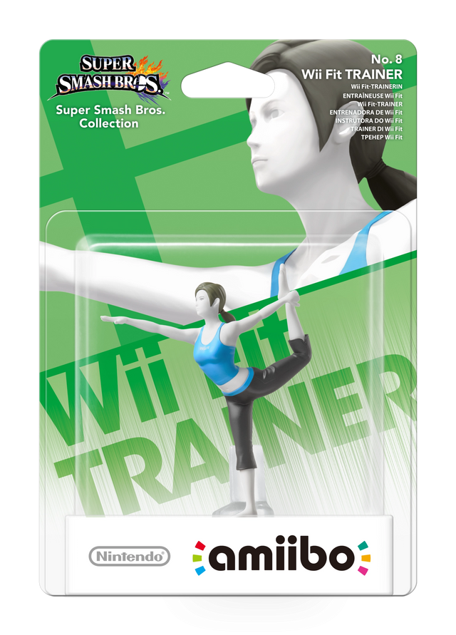 Nintendo amiibo Wii Fit Trainer nr. 8 Super Smash Bros. series, trainer in yogahouding in blisterverpakking, voorkant