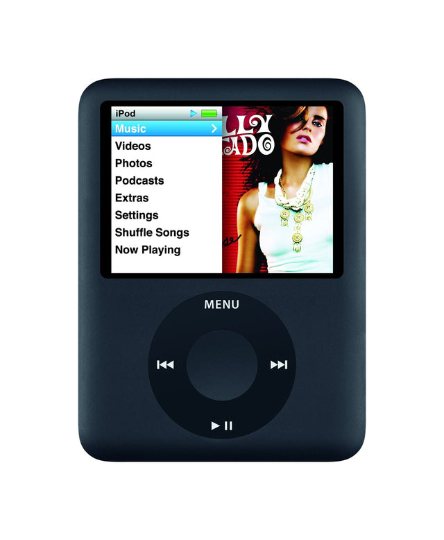 Apple iPod nano 3e generatie 8GB, zwart, vooraanzicht met menu op het scherm