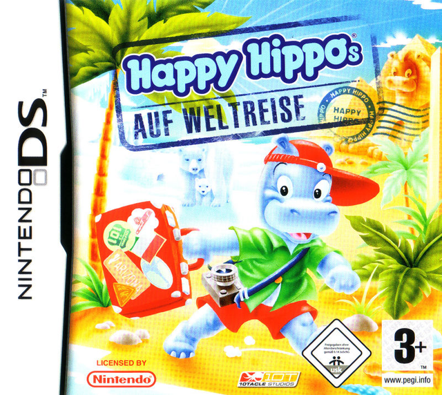 Nintendo DS Happy Hippo's, doos voorkant van de Duitse uitgave Happy Hippos auf Weltreise met USK-label