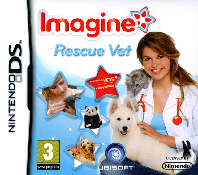 Nintendo DS Imagine Rescue Vet, doos voorkant met dierenarts, witte hond, kitten en panda