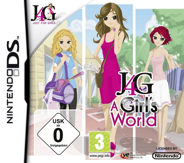 Nintendo DS J4G A Girl's World, doos voorkant met drie getekende meisjes met tassen, met USK 0-logo