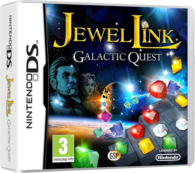 Nintendo DS Jewel Link Galactic Quest, doos voorkant met man, vrouw en edelstenen in de ruimte