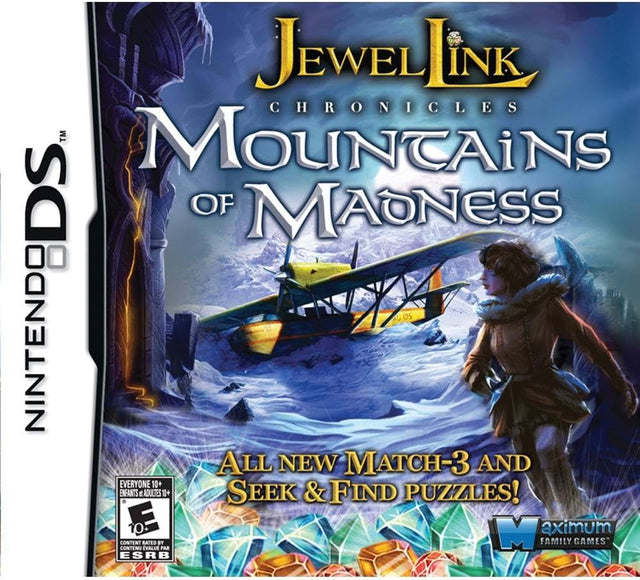 Nintendo DS Jewel Link Mysteries Mountains of Madness, doos voorkant met vrouw en vliegtuig in de sneeuw, ESRB-uitgave