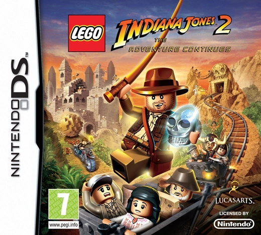 Nintendo DS LEGO Indiana Jones 2 The Adventure Continues van LucasArts, doos voorkant met Indy en kristallen schedel