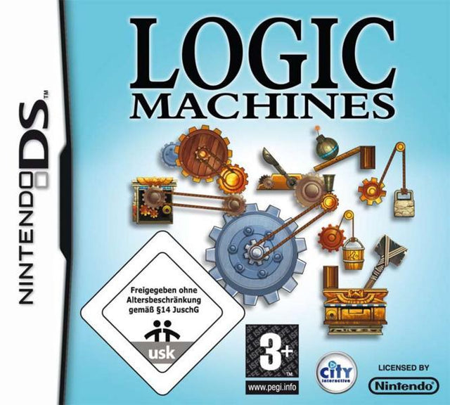 Nintendo DS Logic Machines, doos voorkant met tandwielen, katrollen en schatkist op lichtblauw, USK-logo