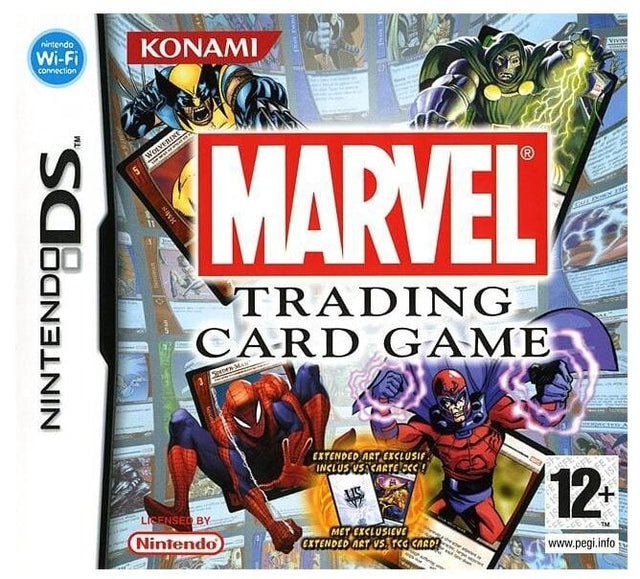 Nintendo DS Marvel Trading Card Game van Konami, doos voorkant met Spider-Man, Magneto en speelkaarten, tweedehands
