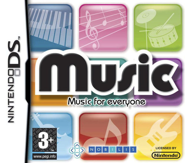 Nintendo DS Music Music for Everyone, doos voorkant met gekleurde tegels met piano, noten, drum en gitaar