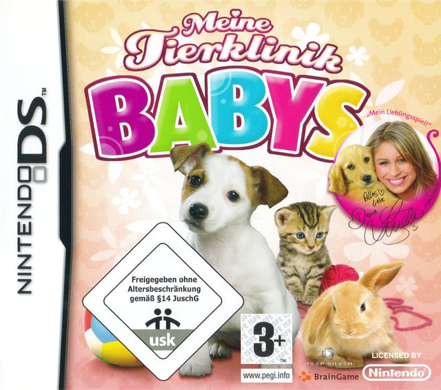 Nintendo DS My Animal Centre Baby Animals, doos voorkant met titel Meine Tierklinik Babys, puppy, kitten en konijn, USK-logo
