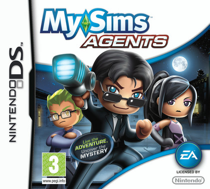 Nintendo DS MySims Agents van EA, doos voorkant met een geheim agent met zonnebril en gadget, tweedehands