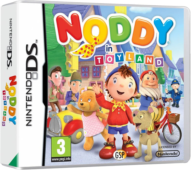 Nintendo DS Noddy in Toyland, doos schuin van voren met Noddy, een beer en een hond in Speelgoedland
