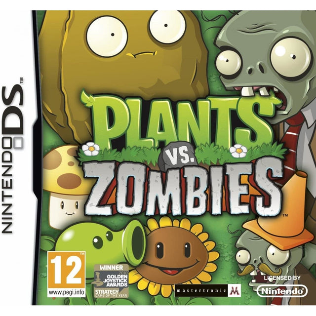 Nintendo DS Plants vs. Zombies van Mastertronic, doos voorkant met zonnebloem, erwtenschieter en zombies, tweedehands