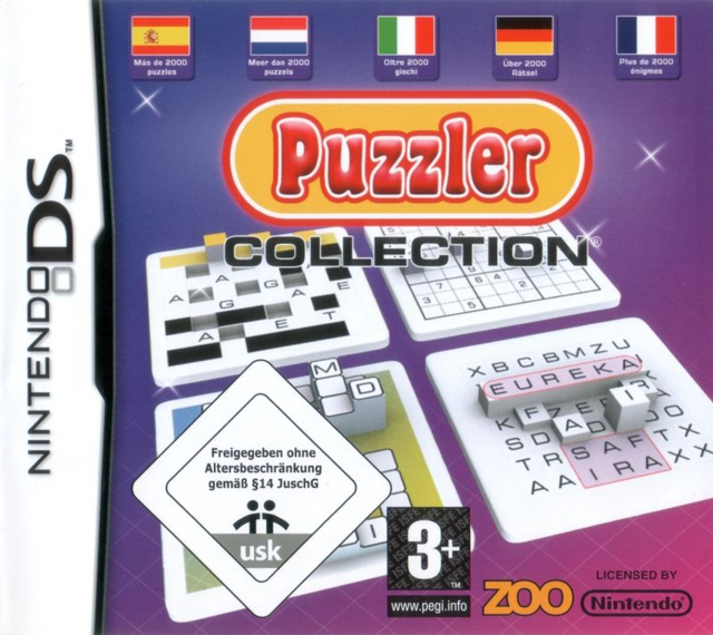 Nintendo DS Puzzler Collection van Zoo, doos voorkant met kruiswoord, sudoku en woordzoeker, tweedehands