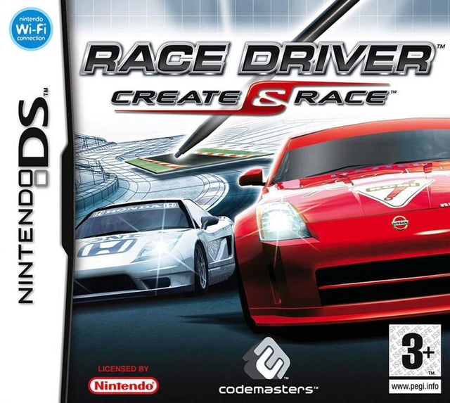 Nintendo DS Race Driver Create and Race van Codemasters, doos voorkant met rode en witte raceauto, tweedehands