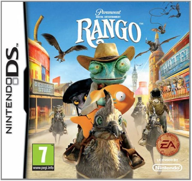 Nintendo DS Rango, doos voorkant met kameleon Rango met cowboyhoed in een westernstadje