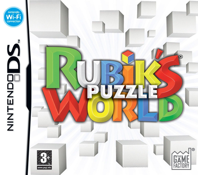 Nintendo DS Rubik's Puzzle World van The Game Factory, doos voorkant met gekleurd logo tussen witte blokjes, tweedehands
