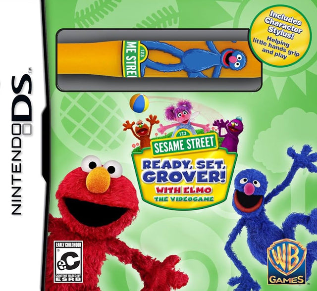 Nintendo DS Sesame Street Ready, Set, Grover!, groene doos voorkant met Elmo, Grover en een Grover-stylus, ESRB
