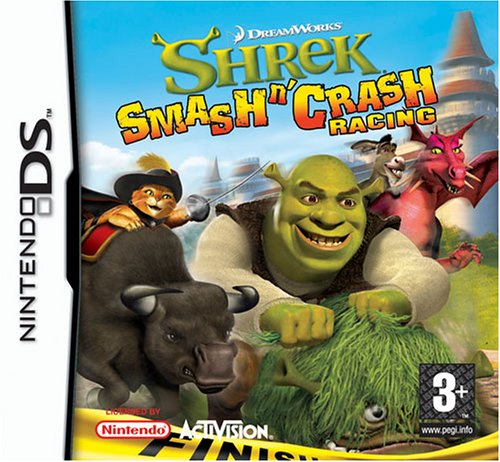Nintendo DS Shrek Smash and Crash Racing van Activision, doos voorkant met Shrek op een racebeest, tweedehands