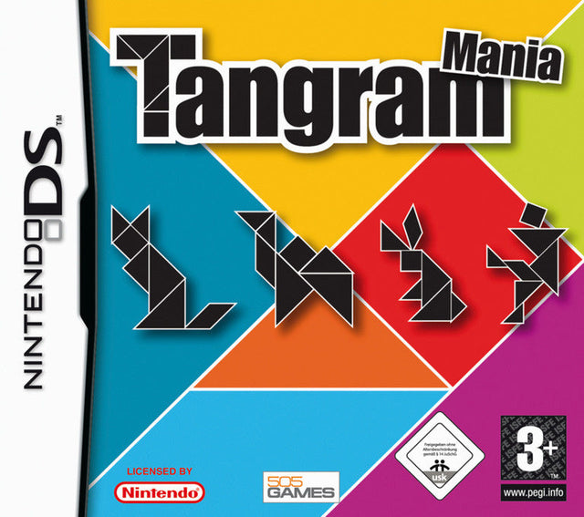 Nintendo DS Tangram Mania van 505 Games, kleurrijke doos voorkant met tangramfiguren, tweedehands
