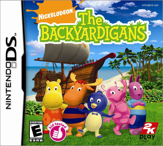 Nintendo DS The Backyardigans, doos voorkant met vijf Backyardigans voor een piratenschip, ESRB-uitgave