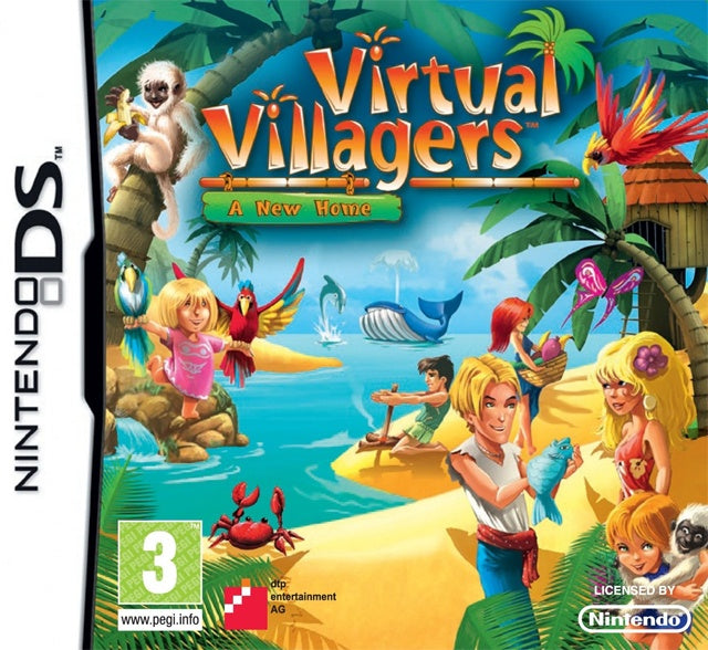 Nintendo DS Virtual Villagers A New Home, doos voorkant met dorpelingen op een tropisch strand met papegaaien