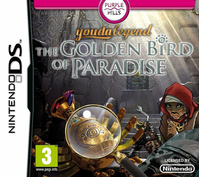 Nintendo DS Youda Legend The Golden Bird of Paradise, doos voorkant met een vergrootglas bij een tempelruïne