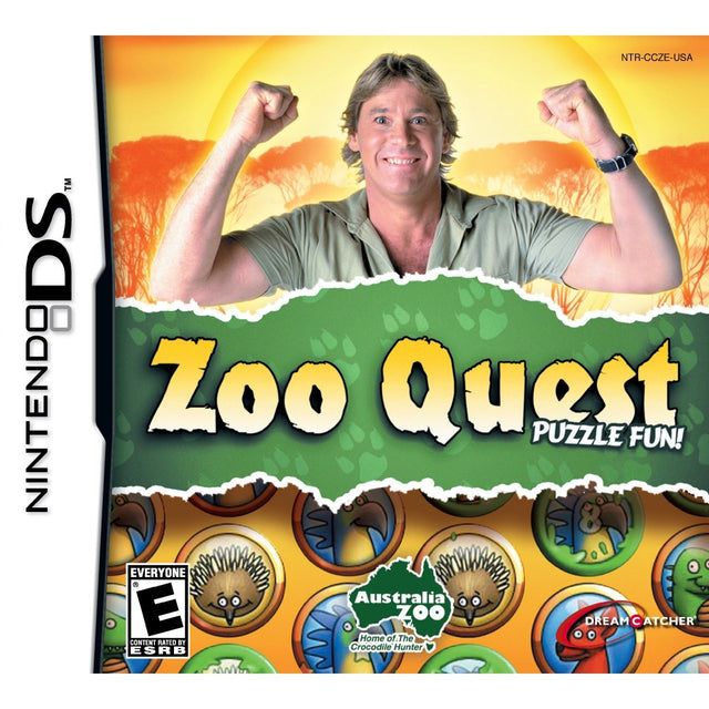 Nintendo DS Zoo Quest Puzzle Fun, doos voorkant met Steve Irwin en het Australia Zoo-logo, Amerikaanse ESRB-uitgave