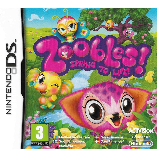 Nintendo DS Zoobles! Spring to Life! van Activision, Scandinavische doos voorkant met Zoobles, tweedehands
