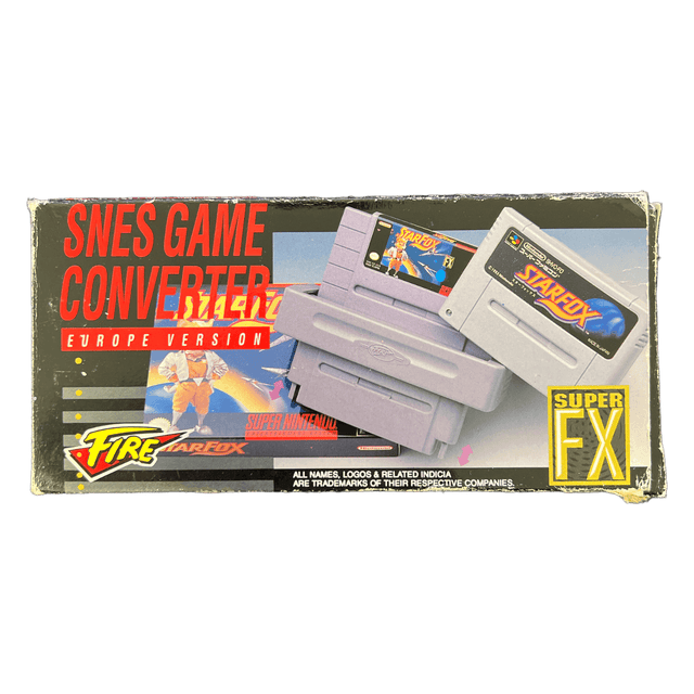 Fire SNES Game Converter Super FX Europa-versie, doos voorkant met converter en Starfox-cassettes, tweedehands