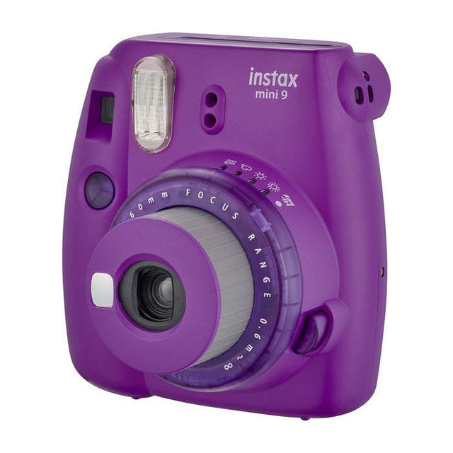 Fujifilm Instax Mini 9 instant camera, paars Clear Purple, voorkant schuin