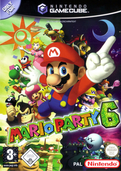 Nintendo GameCube Mario Party 6, doos voorkant met Deutscher Bildschirmtext en USK-label, tweedehands