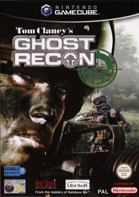 Nintendo GameCube Tom Clancy's Ghost Recon van Ubisoft, doos voorkant met een soldaat met camouflageverf, tweedehands