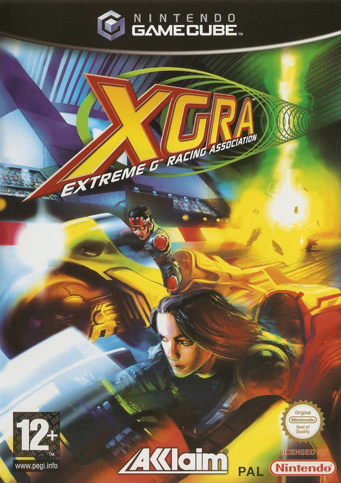 Nintendo GameCube XGRA Extreme-G Racing Association, doos voorkant met coureurs op futuristische motoren, tweedehands