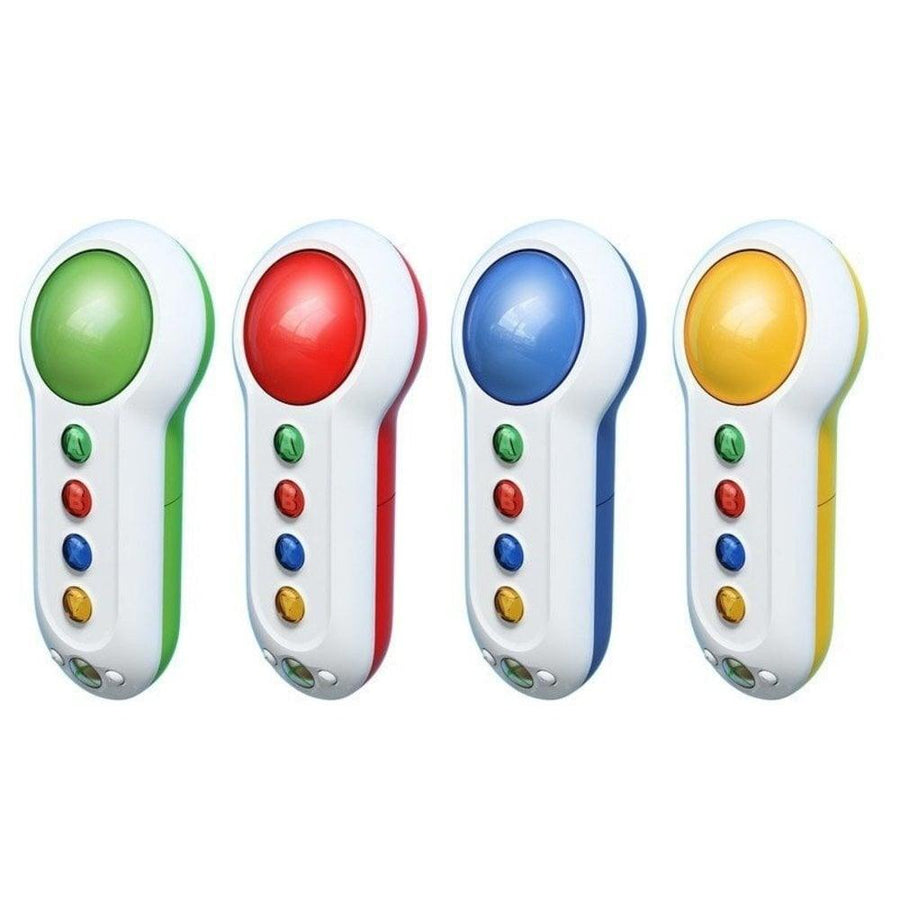 Microsoft Scene It controllers voor Xbox 360, vier buzzers in groen rood blauw en geel, voorkant, tweedehands