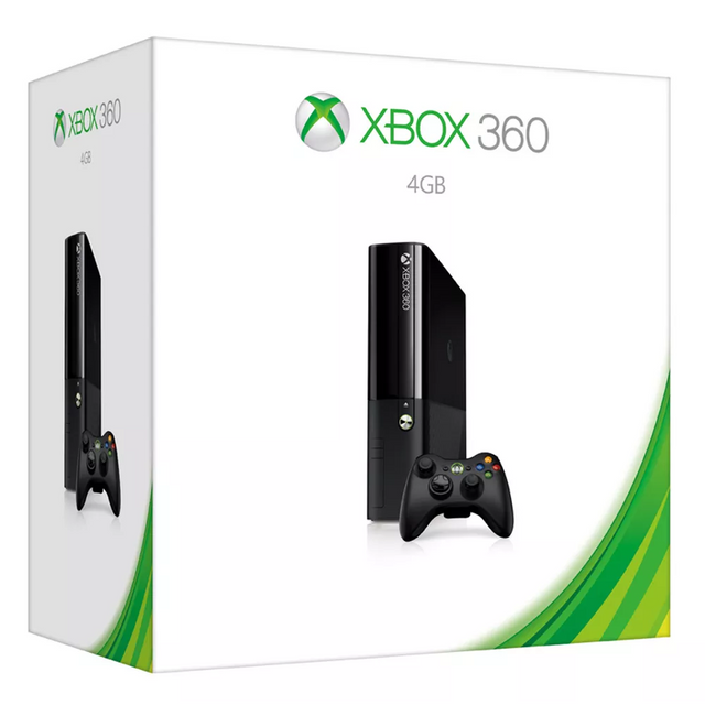 Microsoft Xbox 360 E console, zwart, doos voorkant, tweedehands