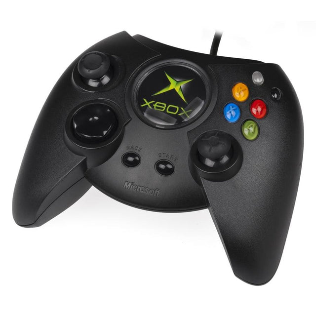 Microsoft Xbox Classic Duke controller, zwart, voorkant met groen Xbox-logo, tweedehands